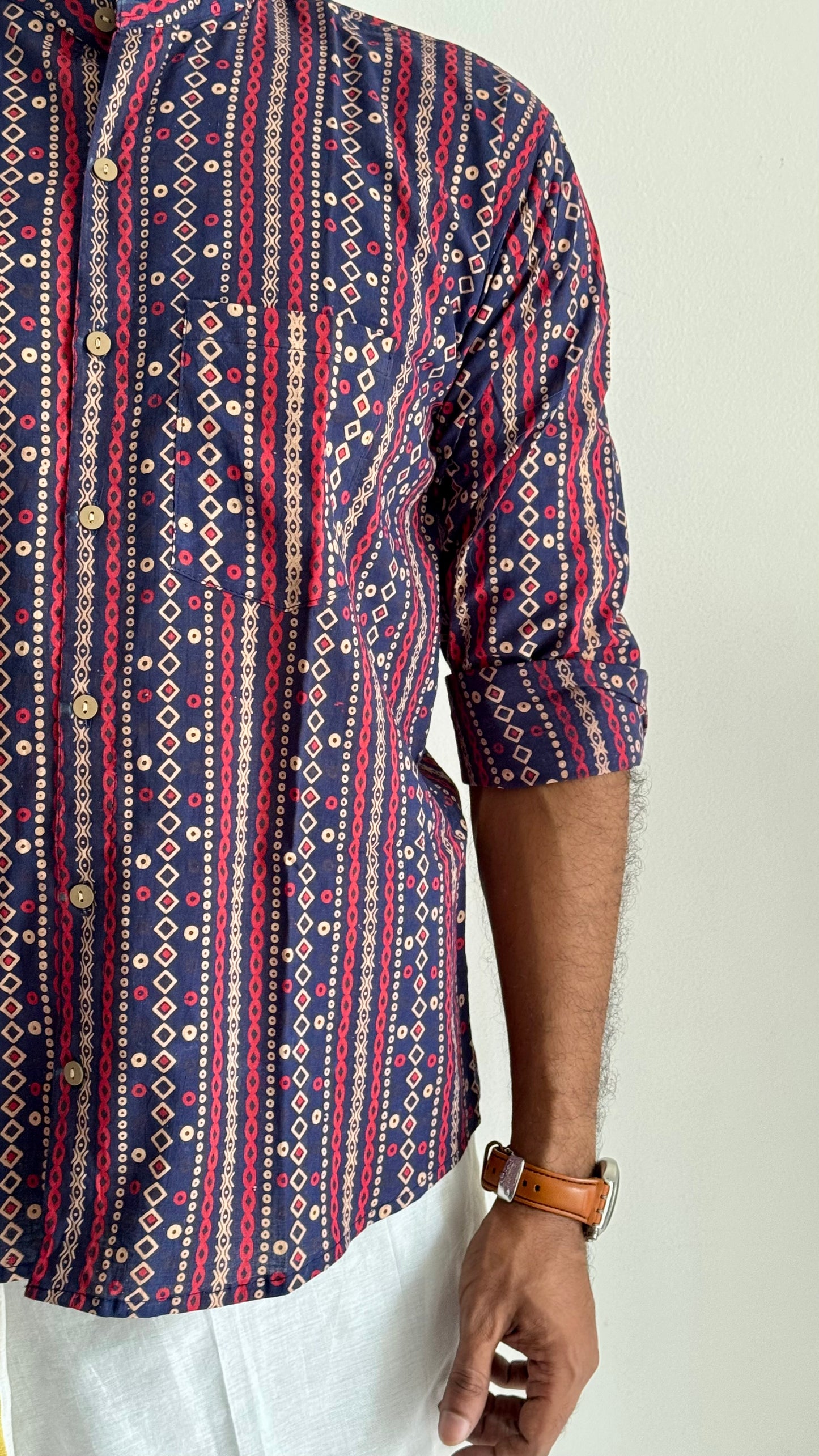 Dark Blue & Red Striped Block Printed Cotton Men's Mandarin Collar Kurta Shirt - YCMSEIE195