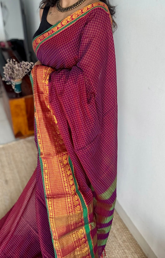 Purple pink (vadamalli) checks with zari border, premium narayanpet, soft cotton - YCWOTDOCNP04