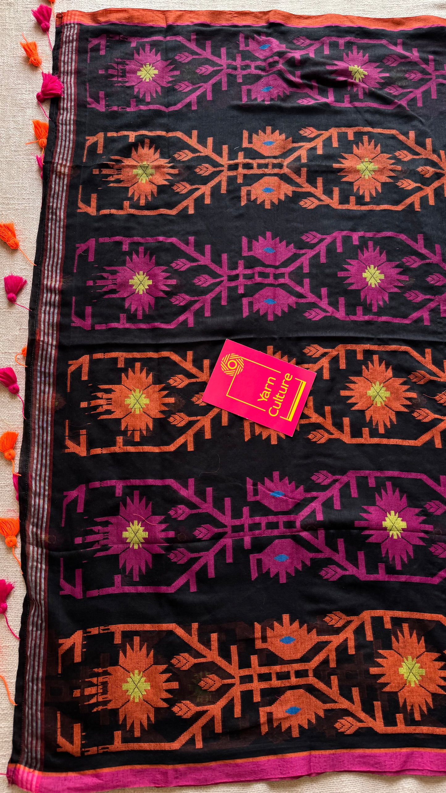 Black with pink and orange jamdani saree in mul cotton - YCBCJDFE382