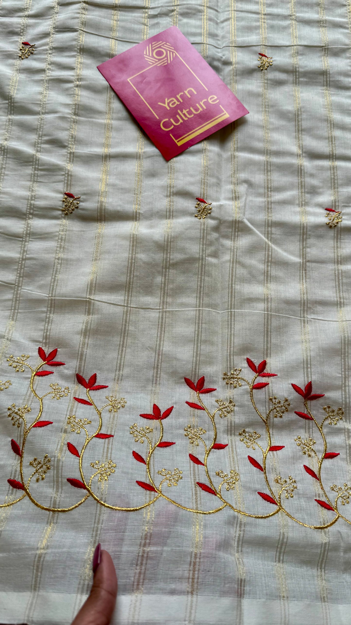 Ivory and gold soft cotton saree, red floral vine embroidery - YCIEON60