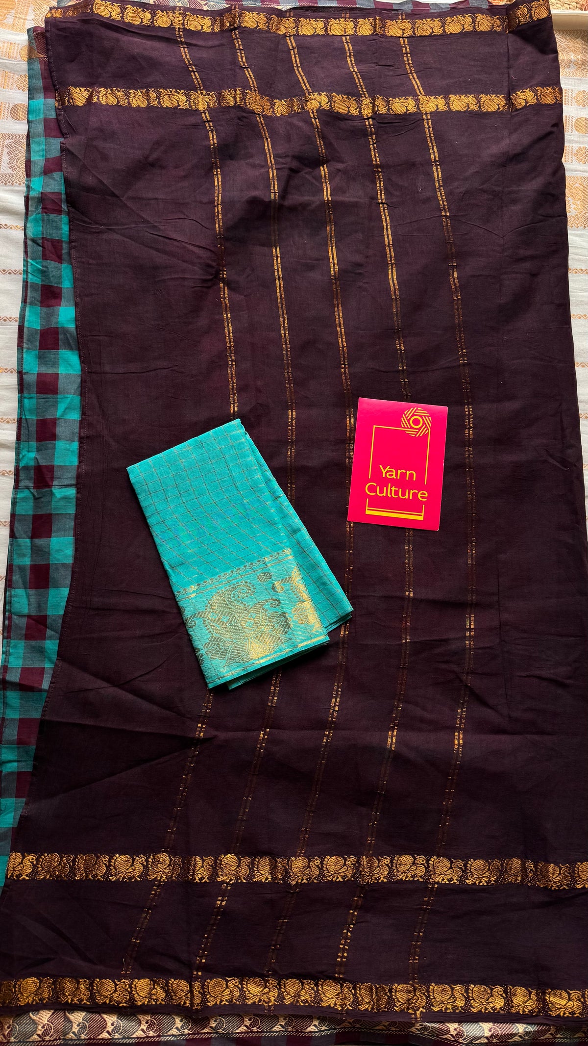Brown with turquoise multi checks, sungudi and chettinad cotton half-half saree - YCCOTNIDOC36