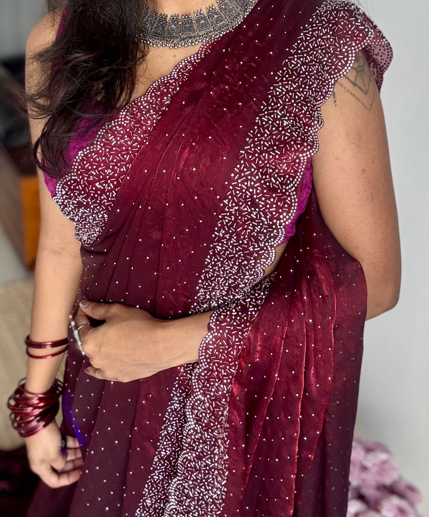 Maroon Munch - maroon dual tone space silk, jarkhan stone work - YCDOSNO39