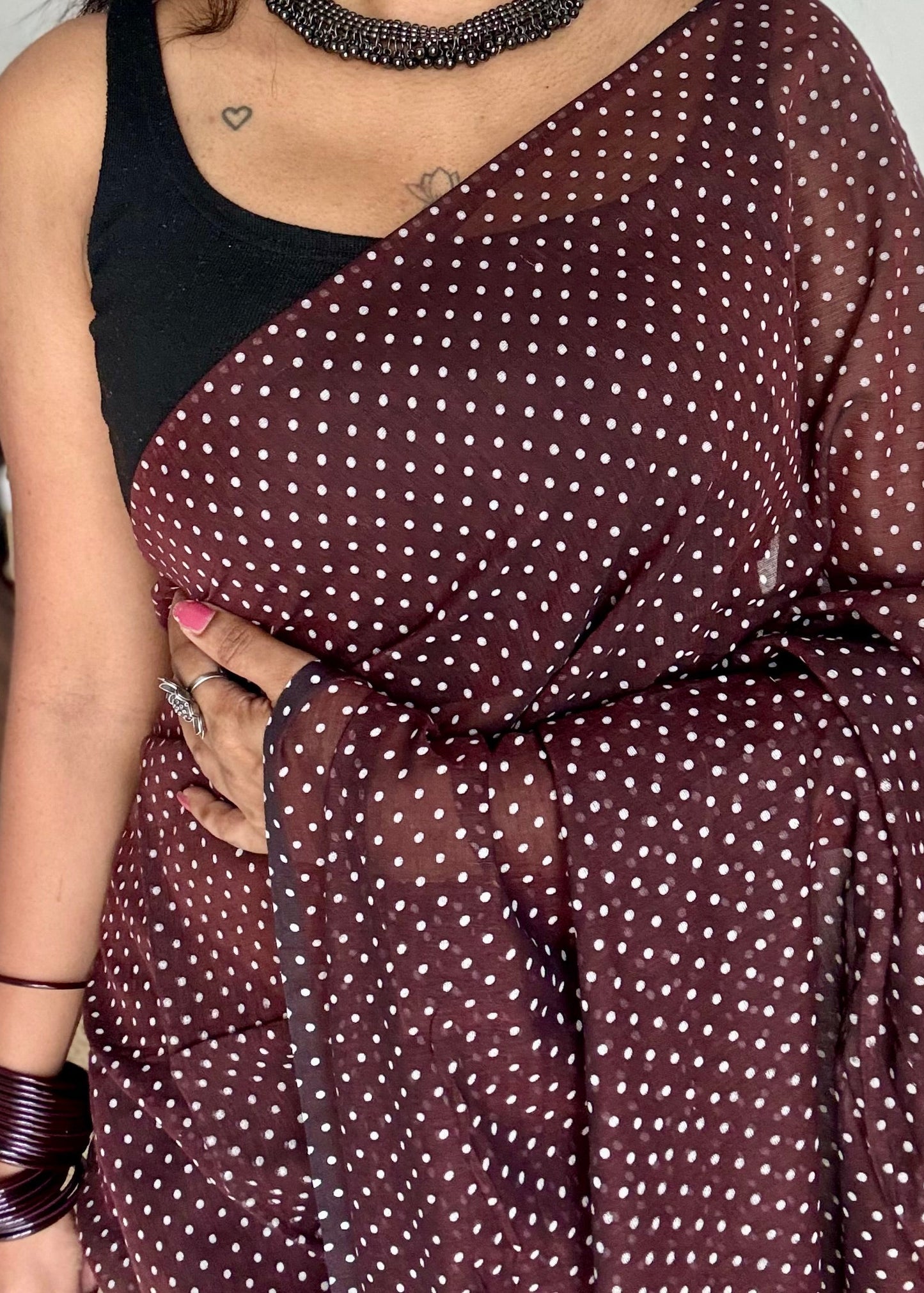 Brown with white polka dots mul cotton saree  - YCBCMCAP54