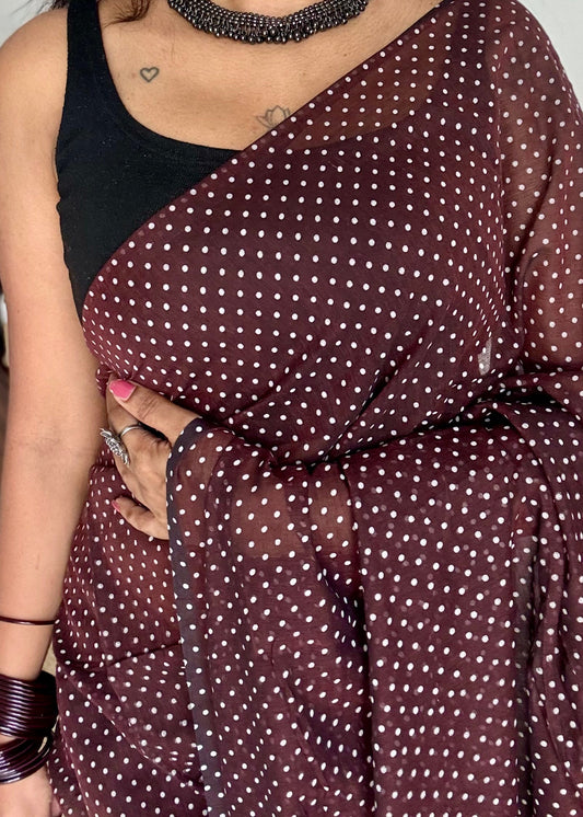 Brown with white polka dots mul cotton saree  - YCBCMCAP54