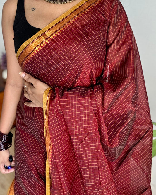Deep maroon checks, cotton silk blend, premium narayanpet saree - YCWOTDMA322