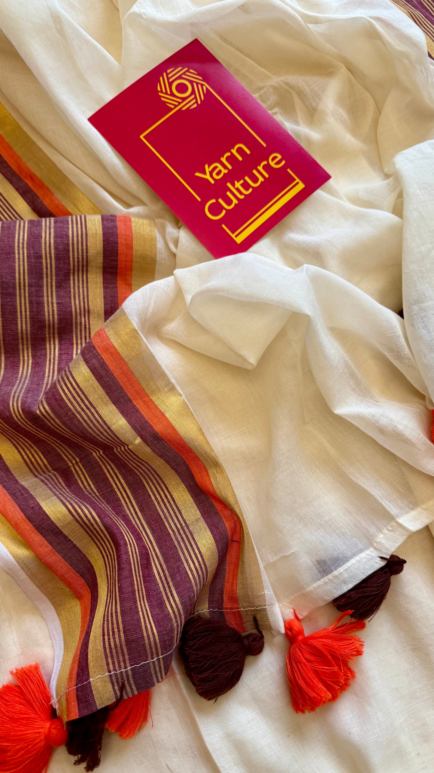 Ivory mul saree, deep maroon, orange, gold zari border - YCIEON02