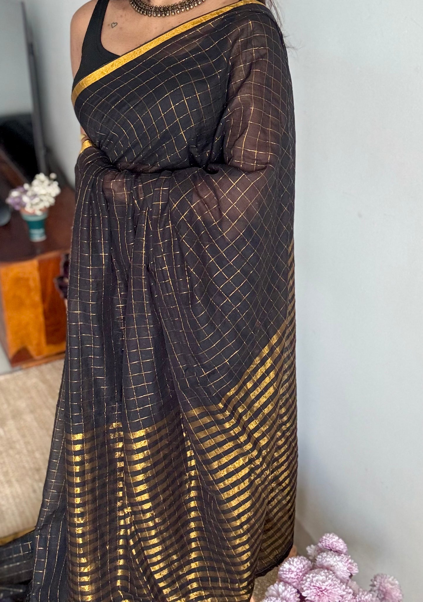 Black mul with gold checks and zari border - YCBCMCDE20