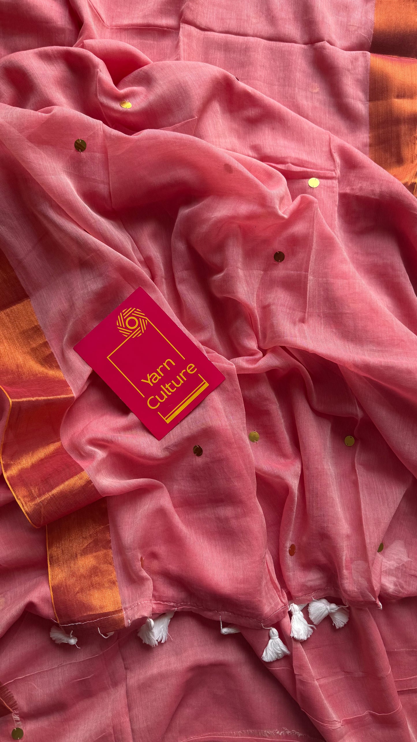 Pink mul with gini sequins and copper zari border - YCBCMCNO58