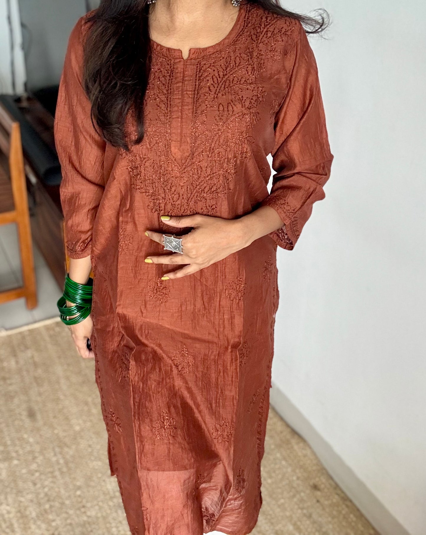 Brown muslin chanderi chikankari with bakhiya work, stitched kurta, round neck, three fourth sleeves - YCSECK29