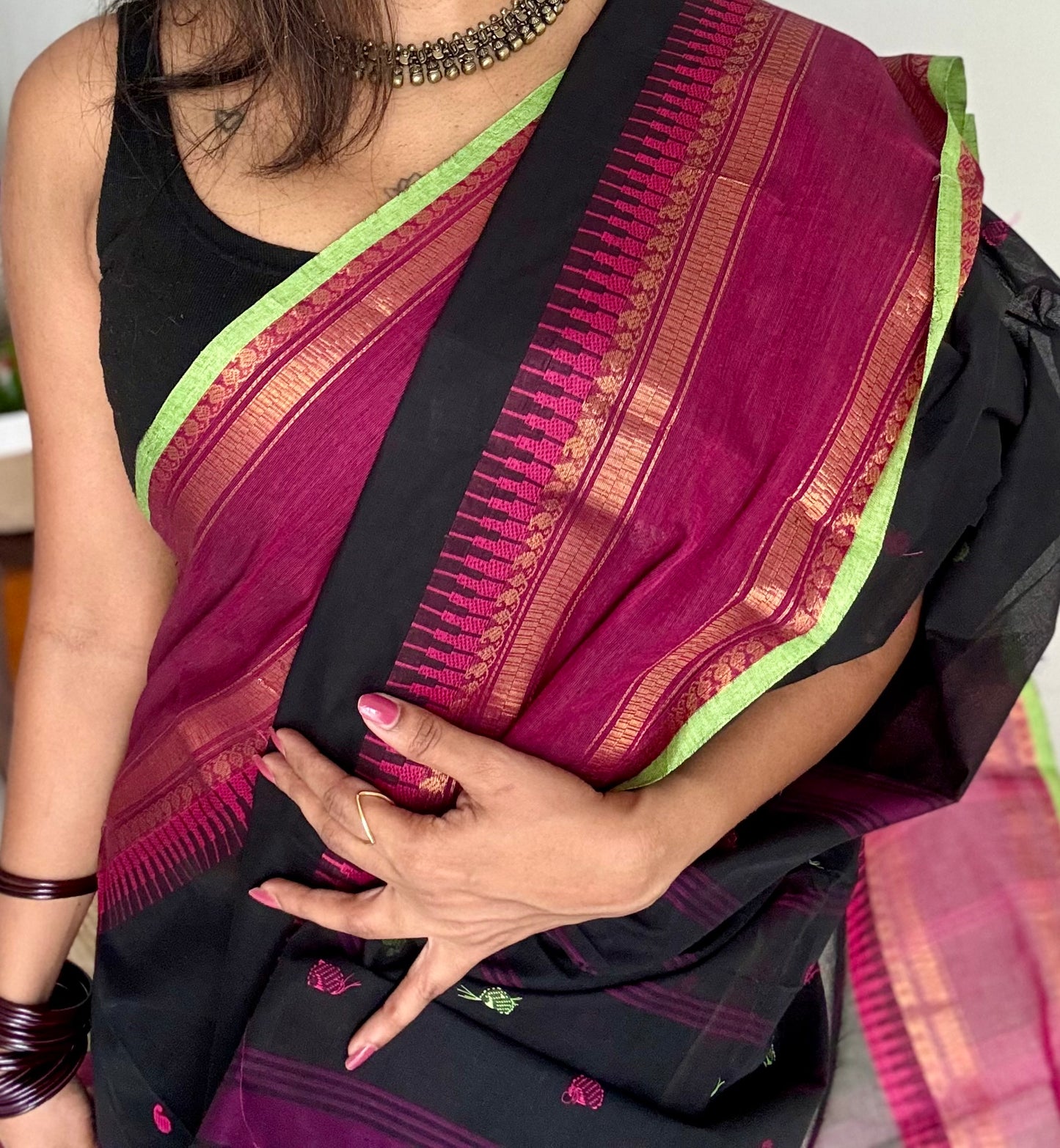 Kanchi cotton saree, black with magenta and pista green border - YCCOTNAP84