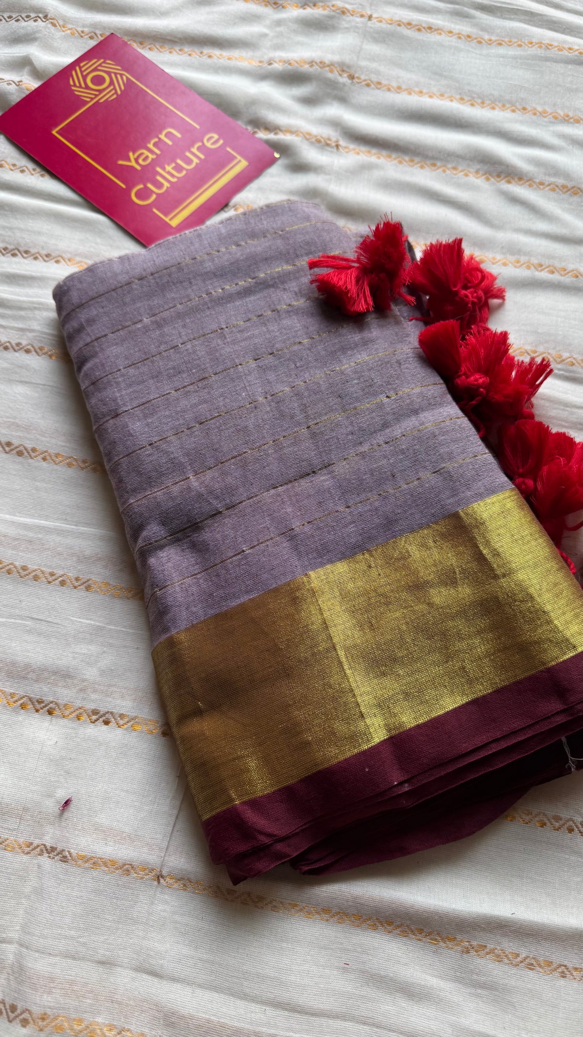 Grey mul cotton saree with zari stripes and maroon highlighted border - YCBCMCSE35