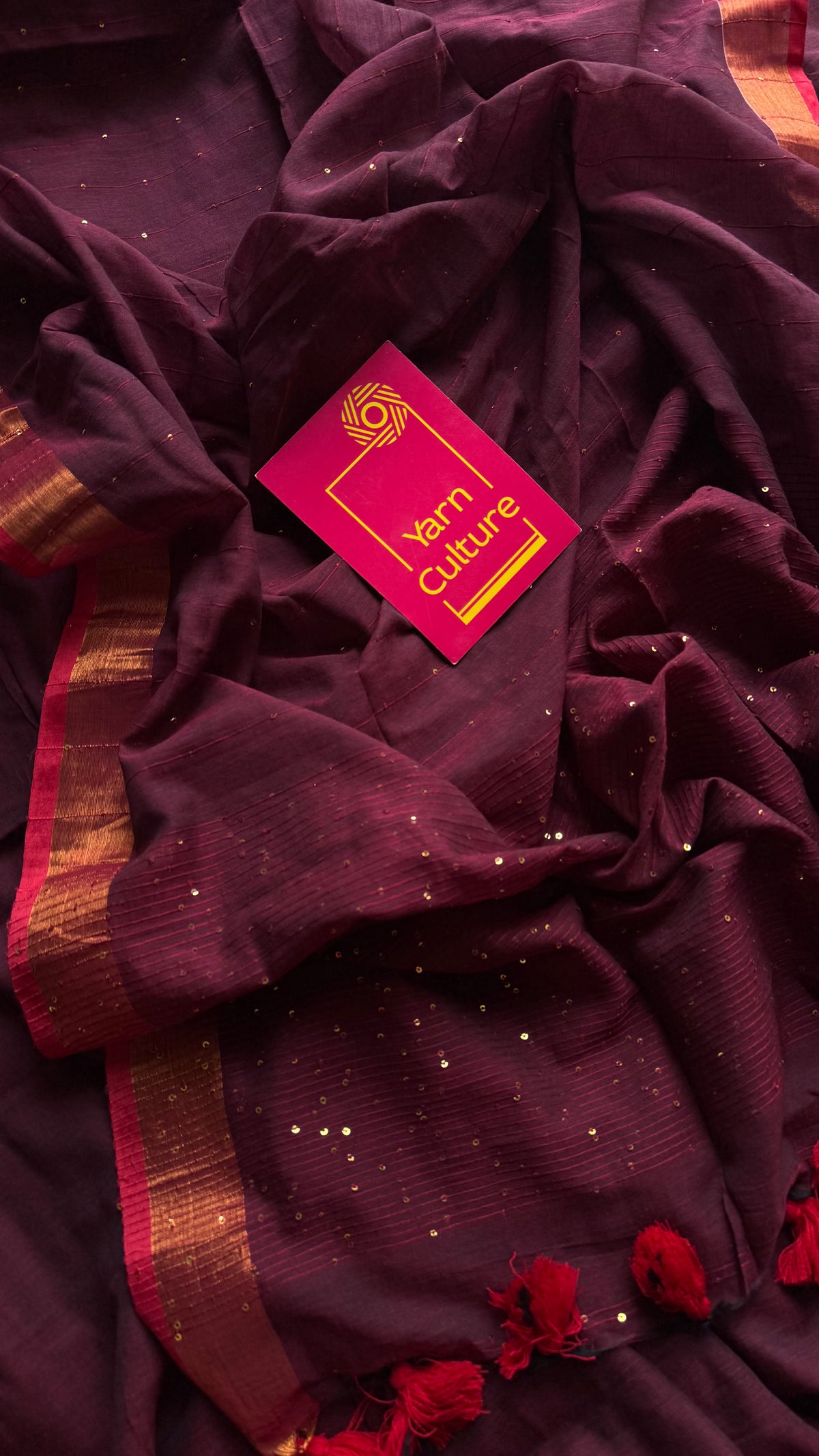 Maroon mul cotton saree with sequins and zari border - YCBCMCSE30
