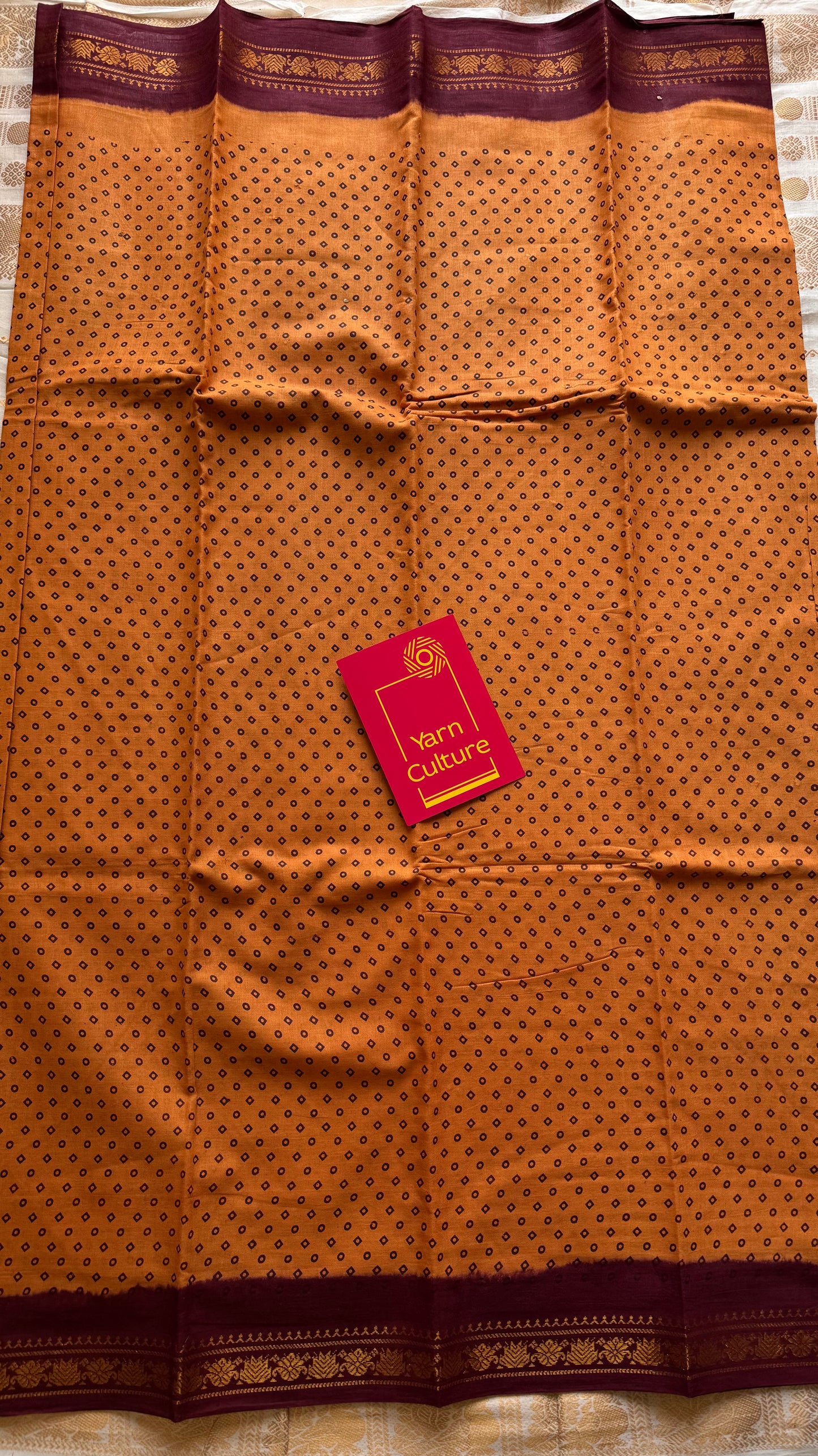 Light orange with maroon contrast, kattuchayam dyed madurai cotton saree - YCCOTNMA249