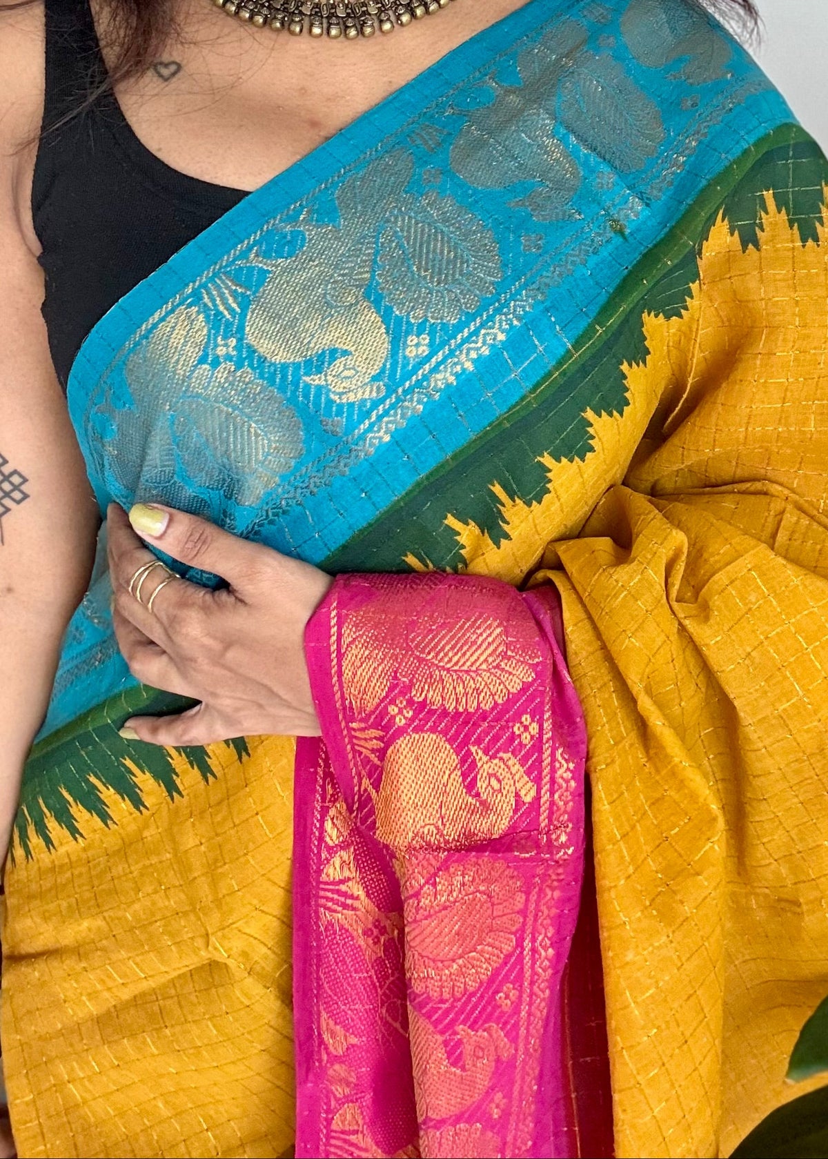 Sungudi cotton checks, mustard yellow base, blue and hot pink dual tone border, soft cotton - YCCOTNMSSE09