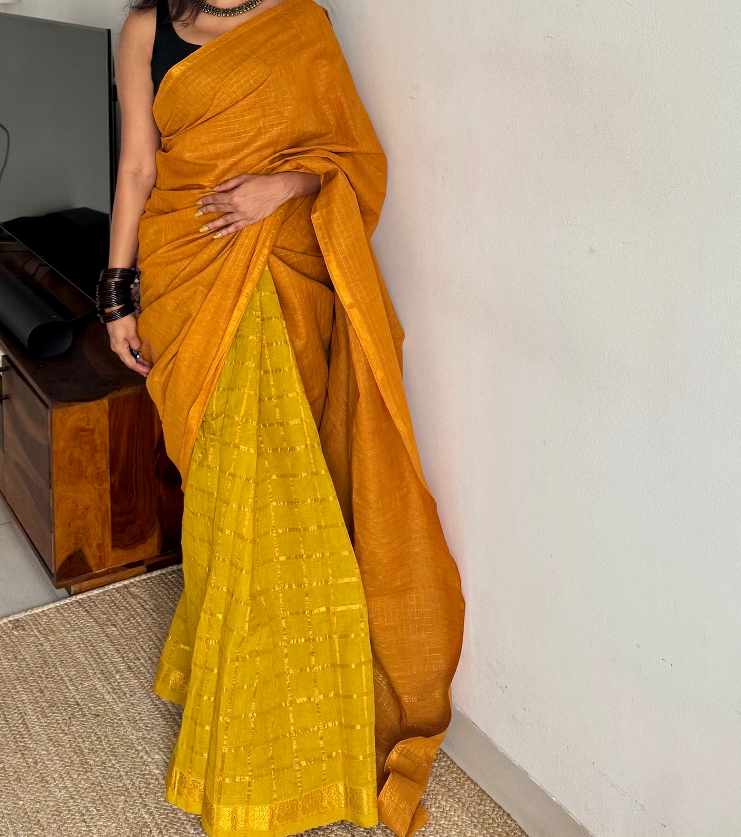 Turmeric yellow with light green, sungudi cotton half-half saree - YCCOTNMSFE368