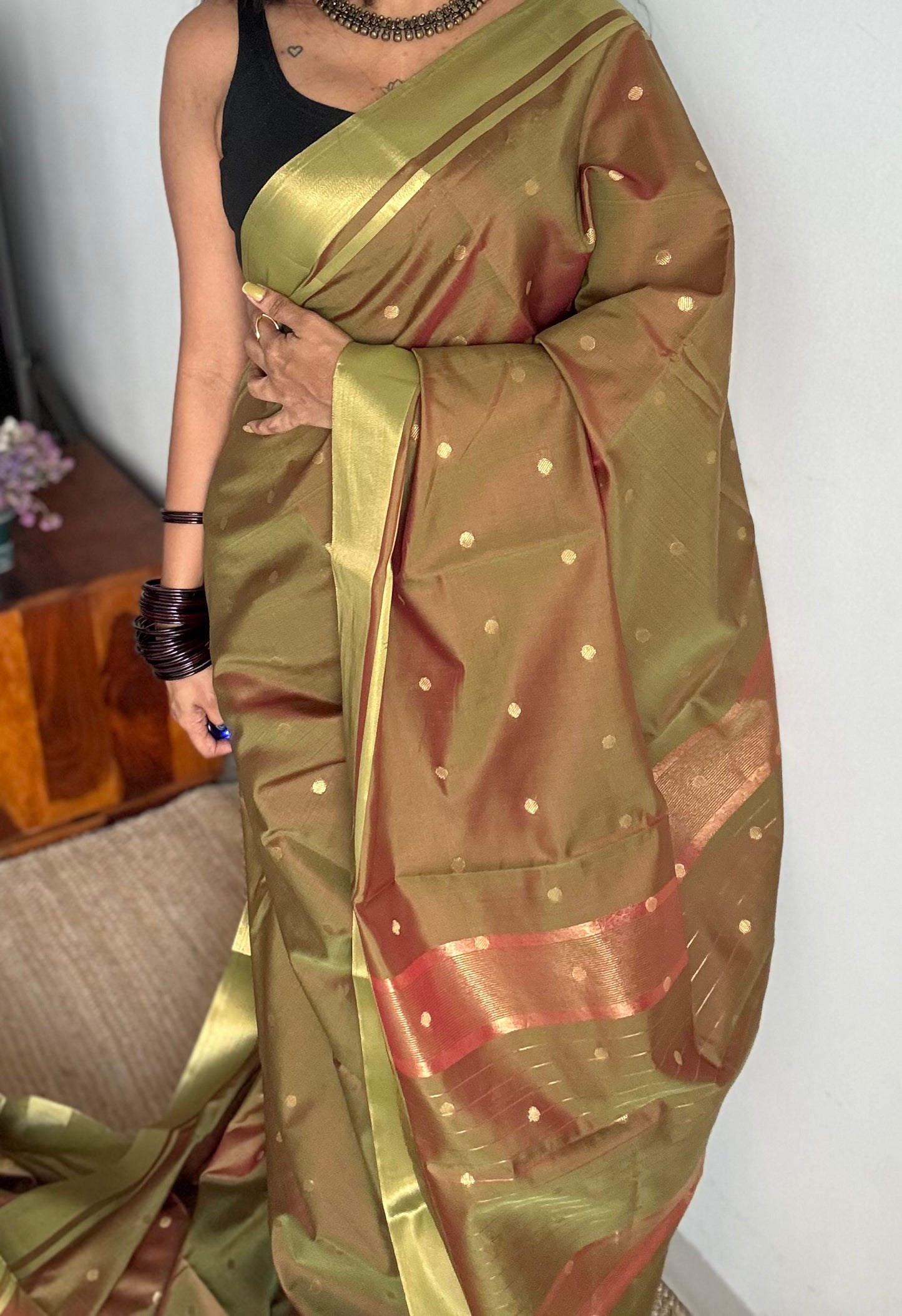 Green brown dual tone with antique gold border & buttas, semi katan silk - YCBLSSJA18