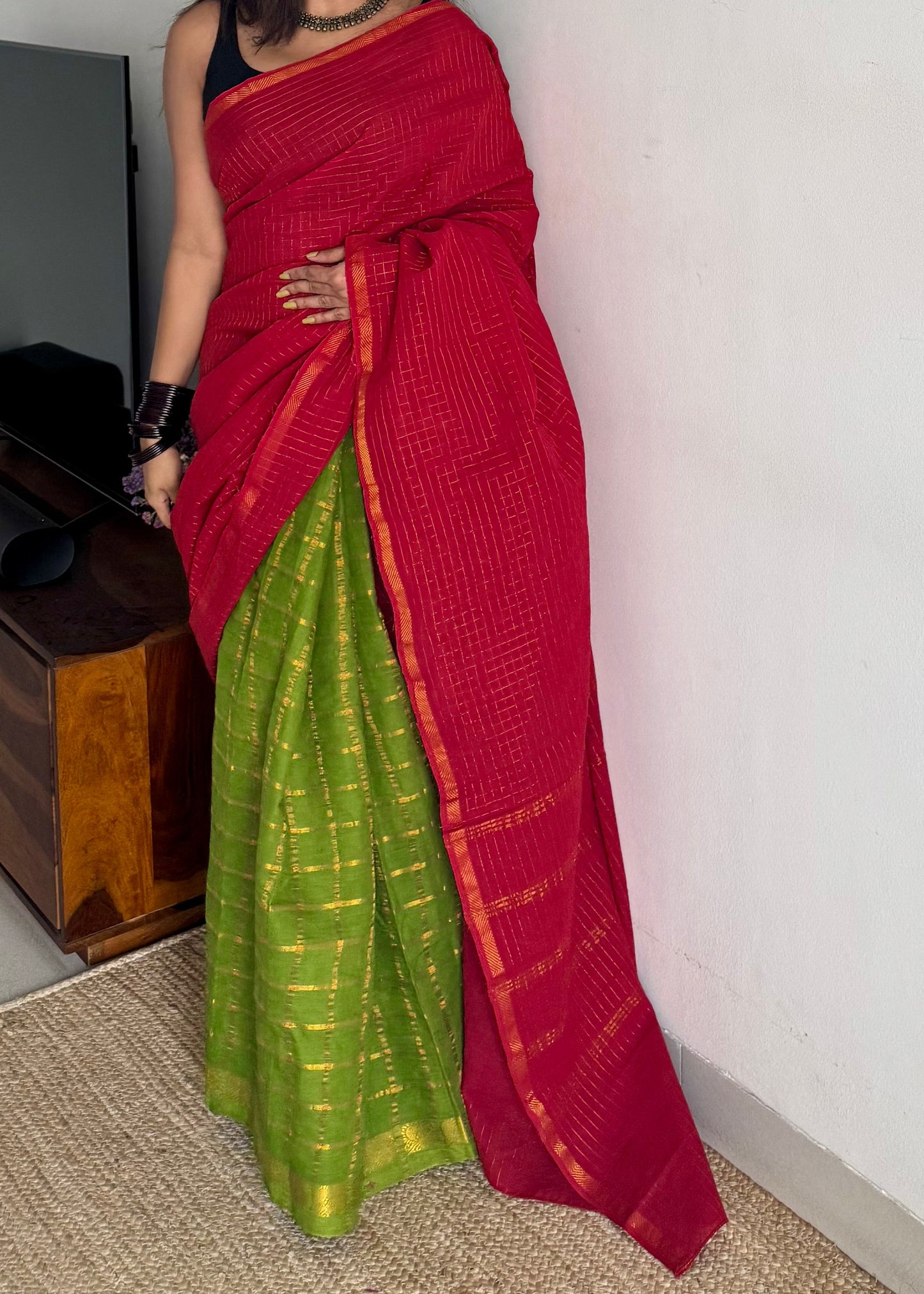 Chilli red with green, sungudi cotton half-half saree - YCCOTNMSFE348