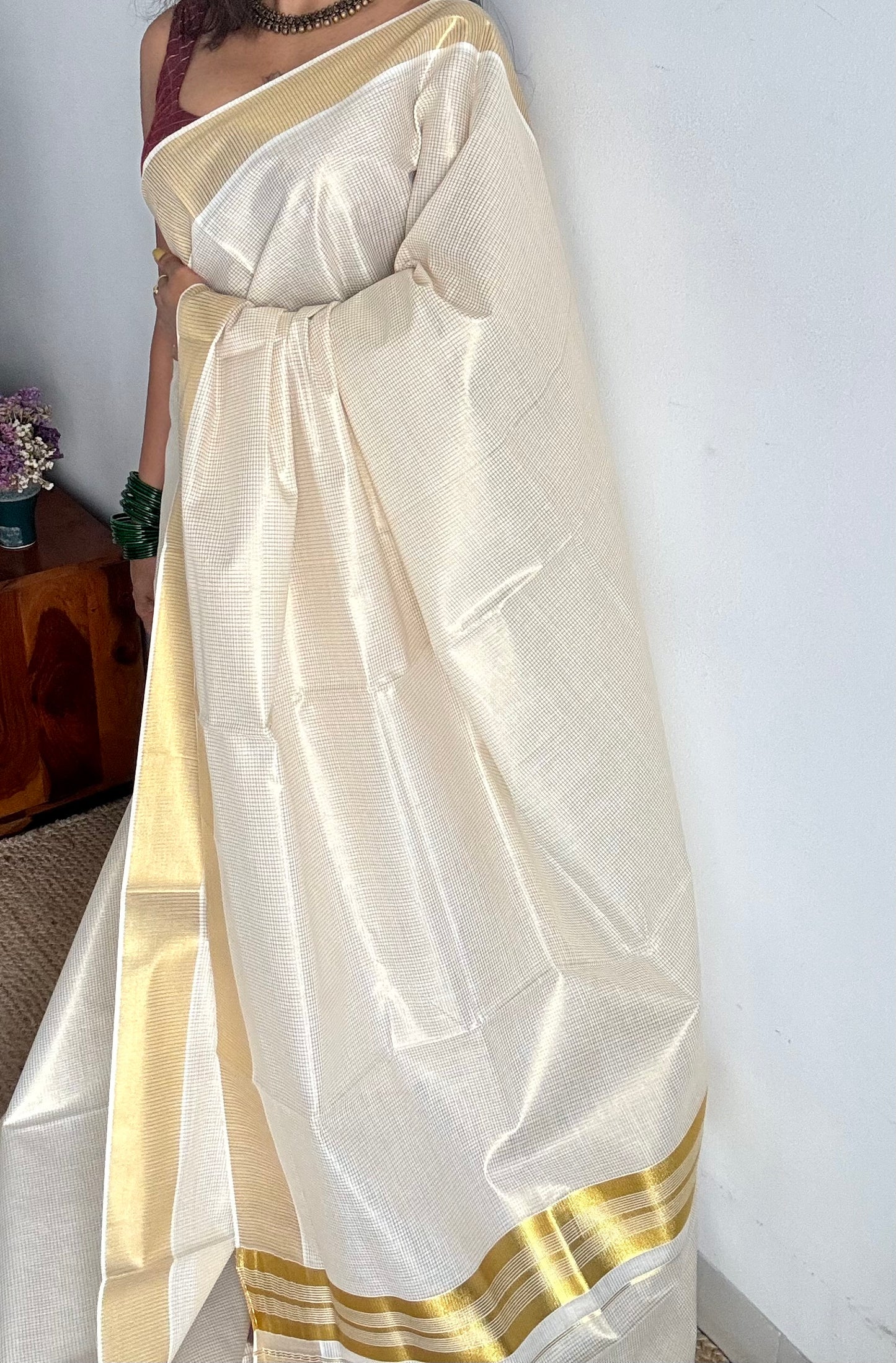 Ivory Kerala tissue cotton saree with gold microchecks - YCIEKCFE317