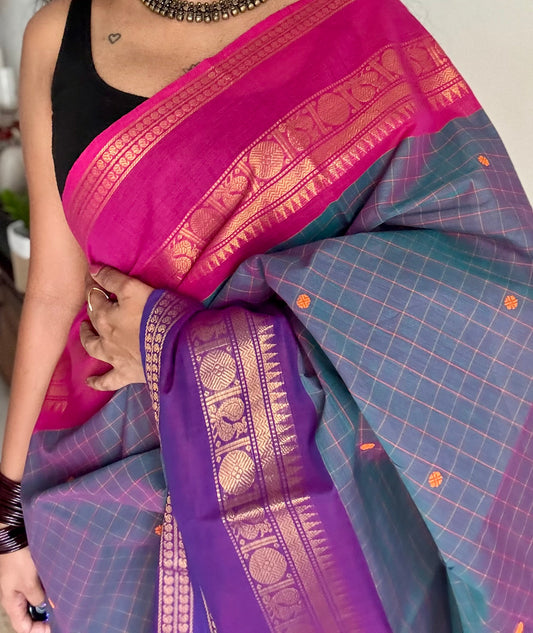 Kanchi cotton saree, greyish blue checks with purple and rani pink dual toned border - YCCOTNAP75