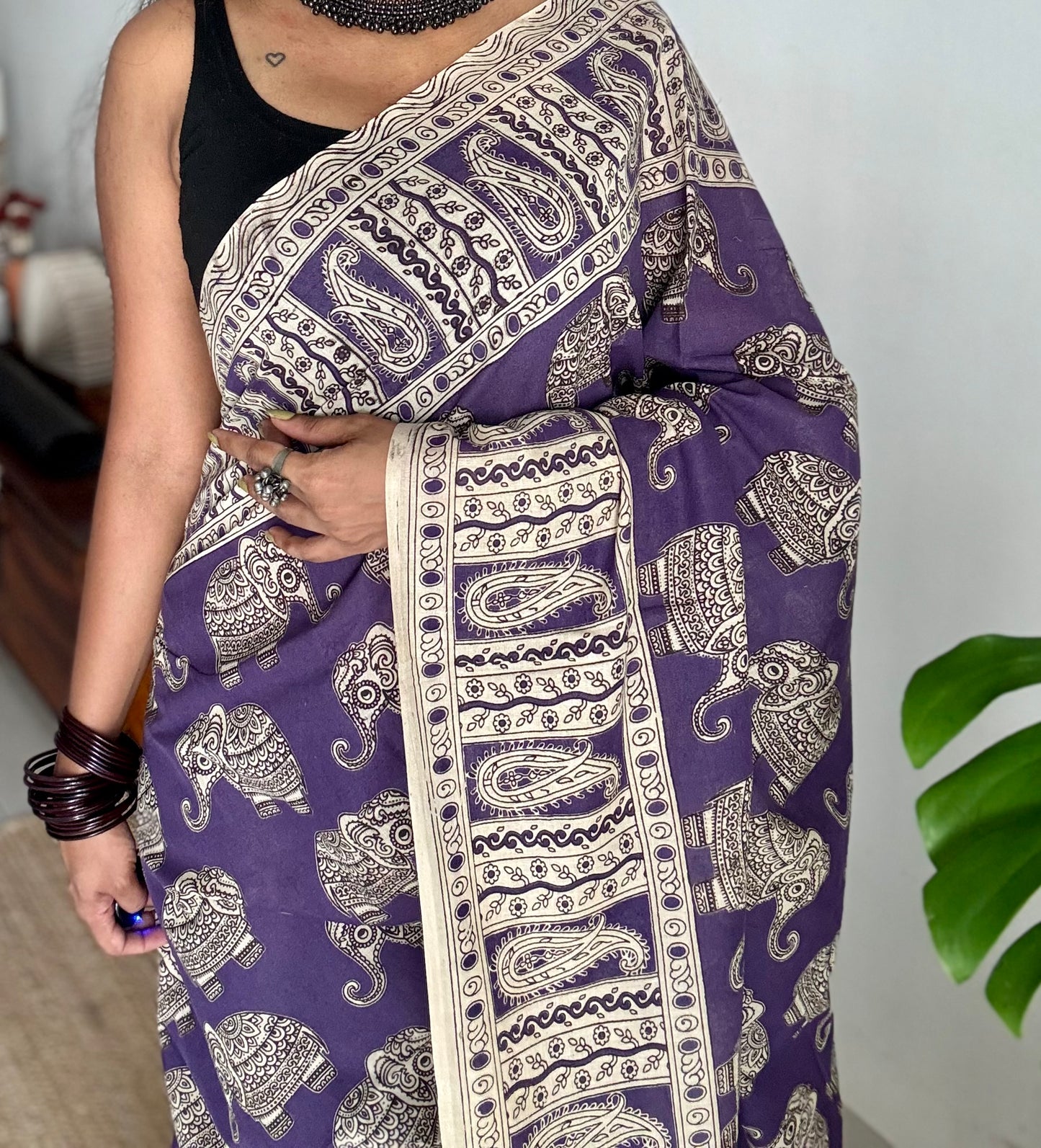 Purple kalamkari saree, elephant motifs, soft cotton - YCWOTDMA351