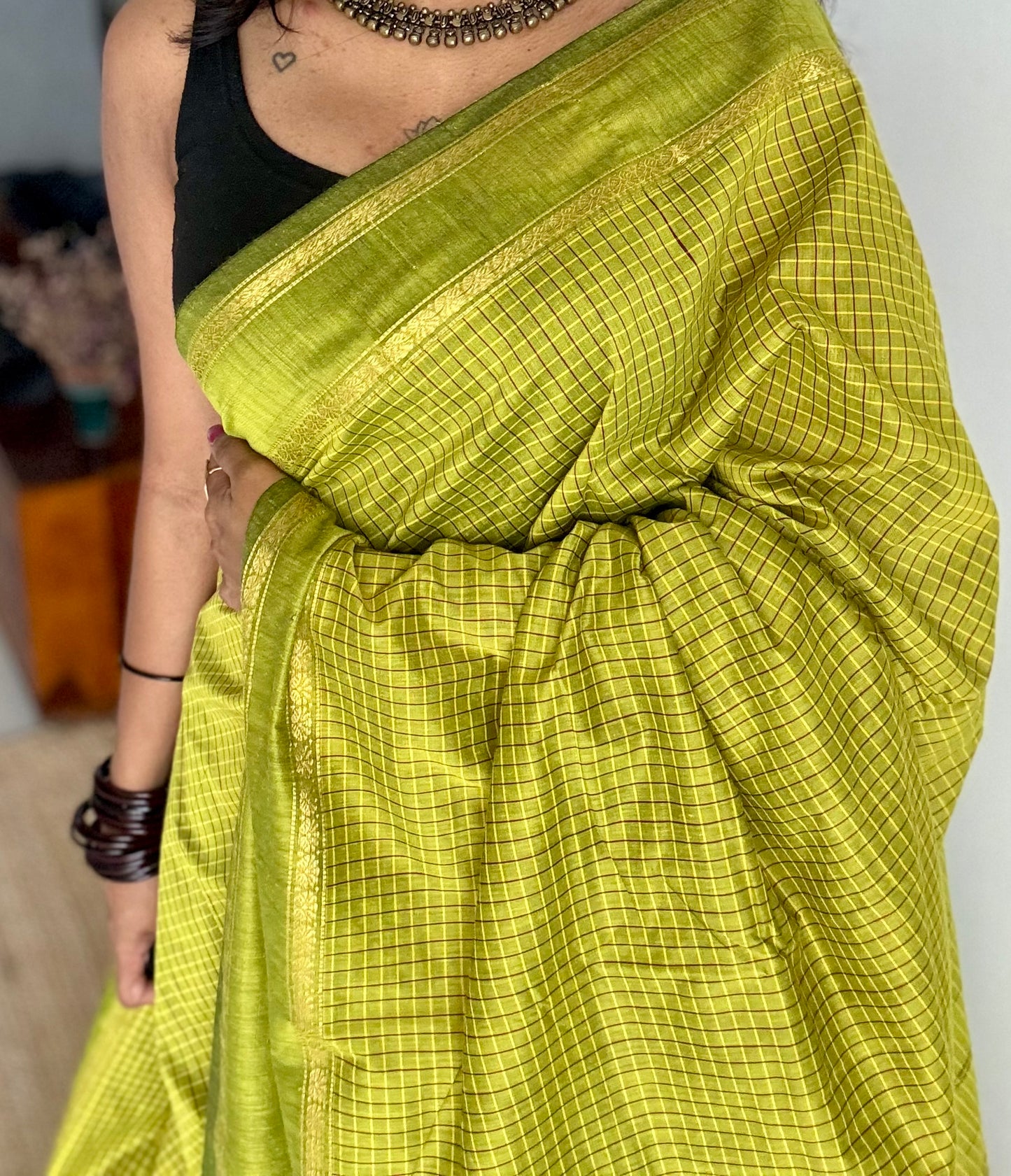 Olive Green, Arani checks, cotton silk - YCCOTNOCAR04