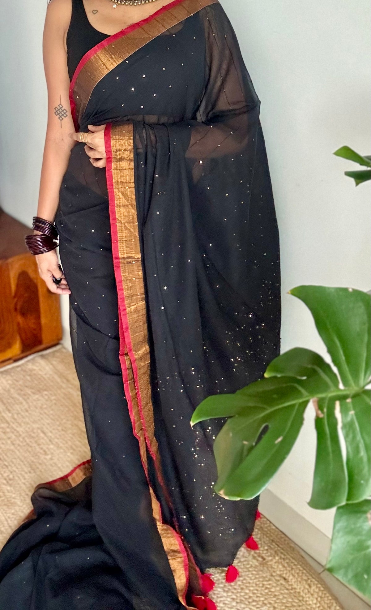 Black mul cotton saree with sequins and zari border - YCBCMCSE29