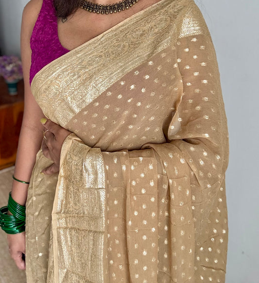 Beige viscose georgette saree with zari motifs - YCDOSFE205