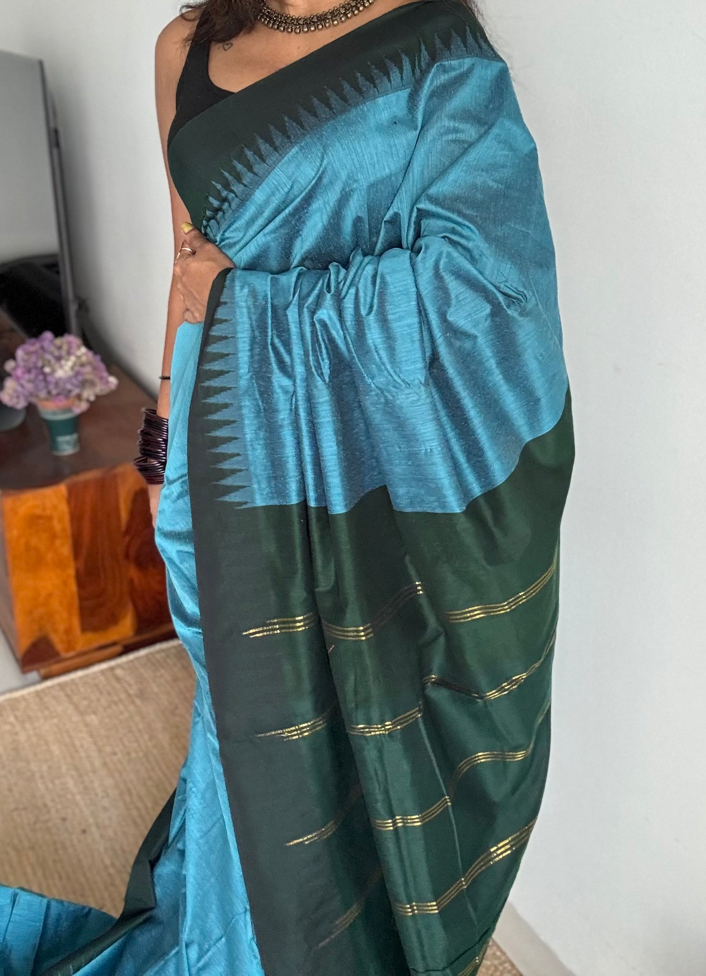 Blue with dark green contrast, temple border saree, cotton silk - YCCOTNTBFE63