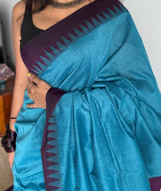 Blue with wine contrast, temple border saree, cotton silk - YCCOTNTBFE58