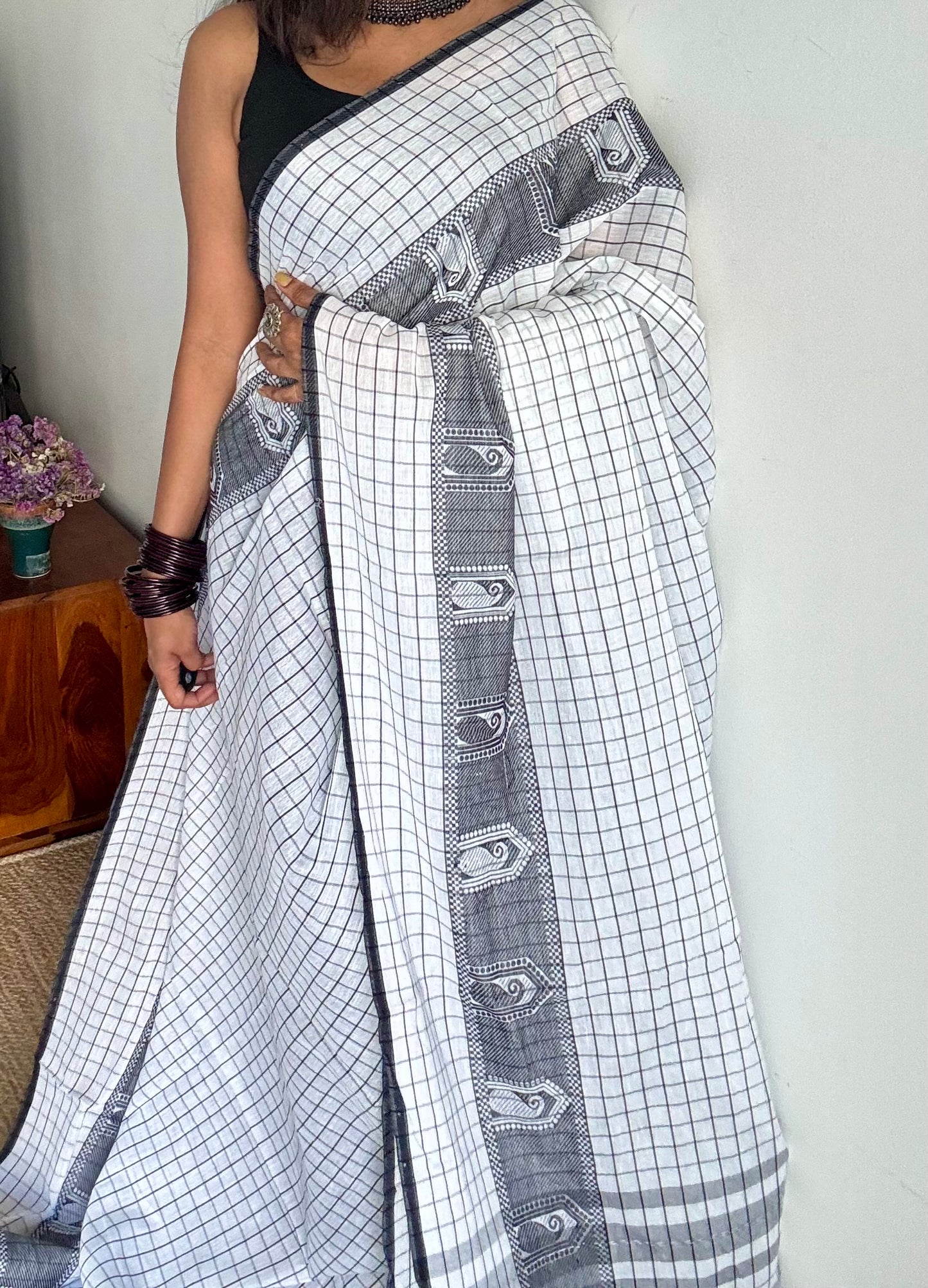 Dhonekhali handloom soft cotton saree, black and white checks, black thread motif worked border - YCBCDFE265