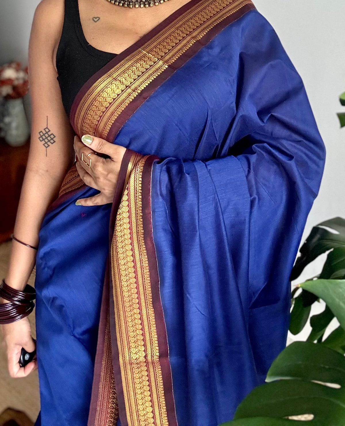 Royal blue with brown, cotton silk saree with zari border - YCCOTNKCOC106