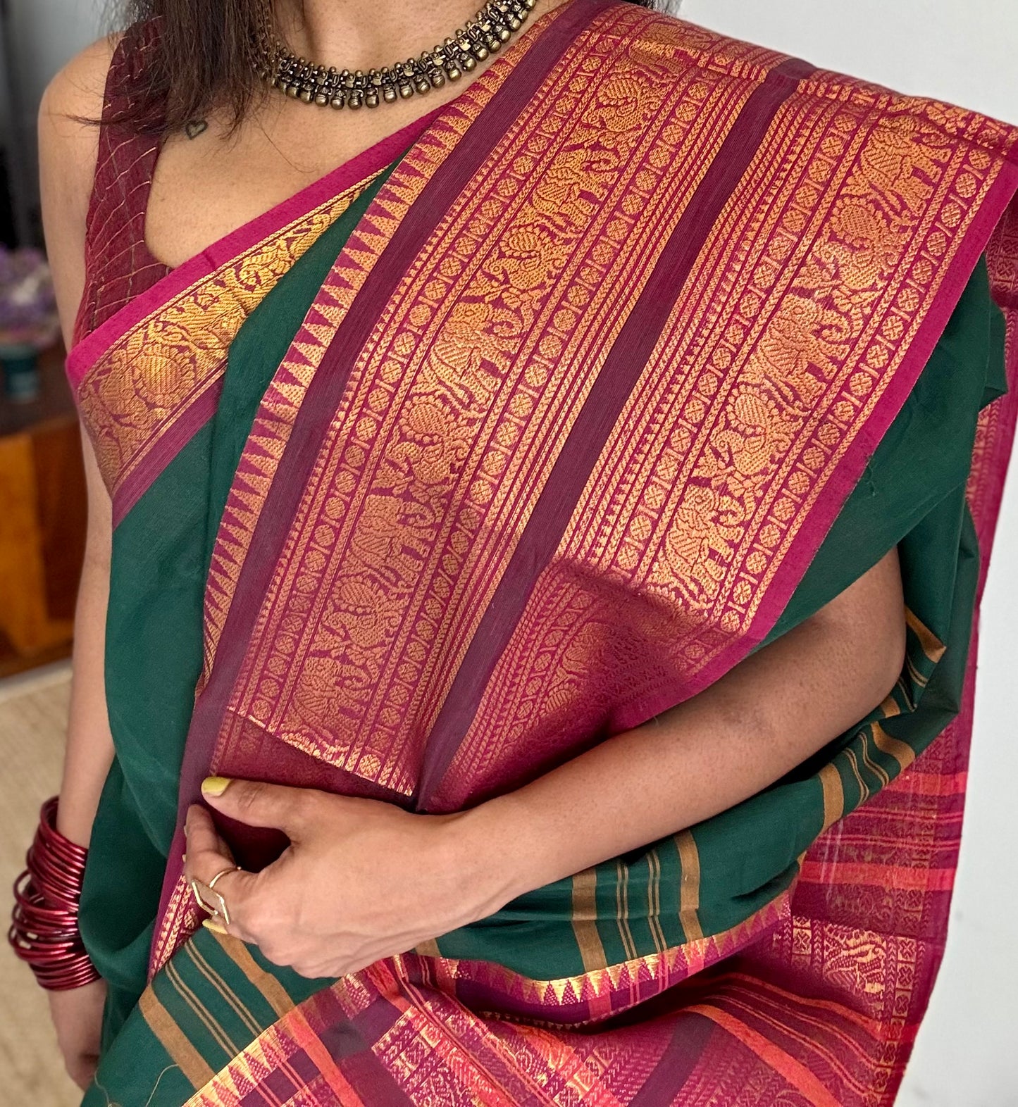 Dark green with magenta wide zari border, kanchi cotton - YCCOTNKCJA216