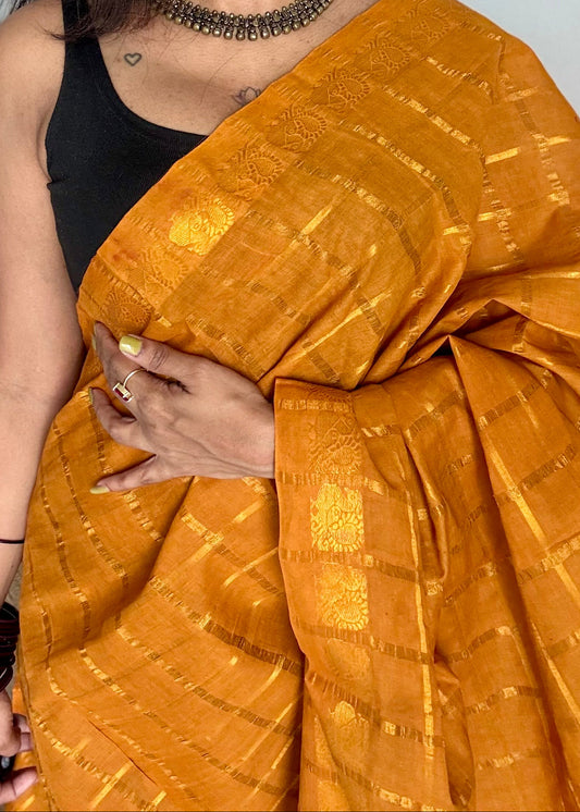 Turmeric yellow pavithra kattam kattuchayam dyed madurai cotton saree - YCCOTNMSFE141