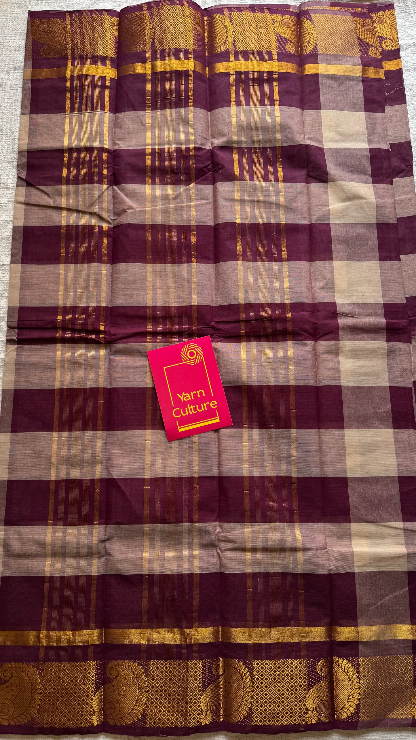 Chettinad cotton saree with cream and maroon checks, paisley motif border - YCCOTNAP63
