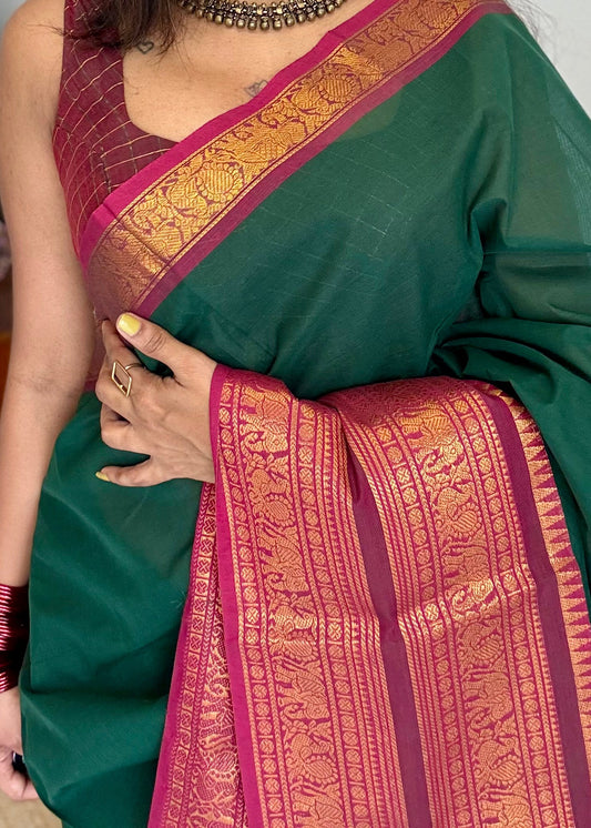 Chettinad cotton saree with zari border, lightweight breathable handloom cotton saree for summer and everyday wear, kanchi cotton saree, one side zari border saree