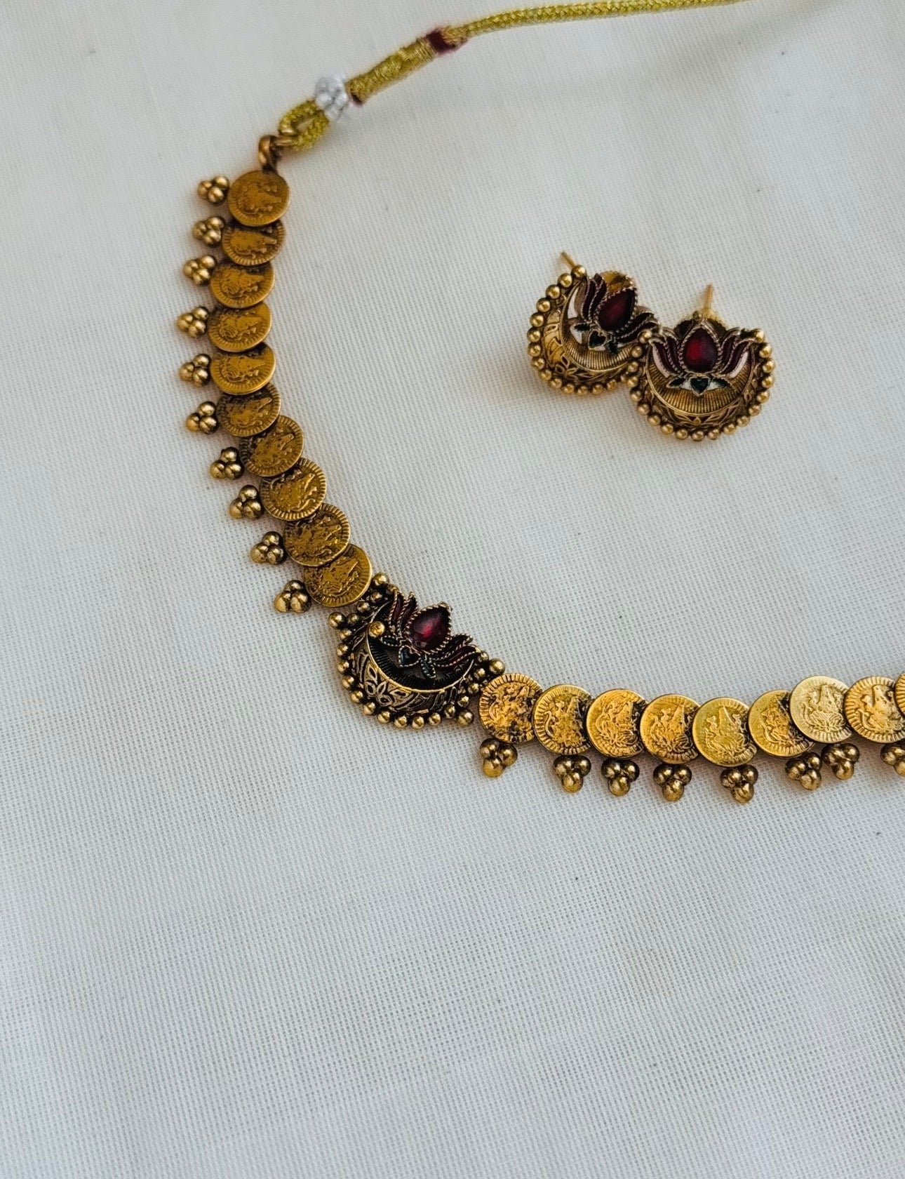 Coin necklace with red lotus pendant, with earrings - YCGPNP777