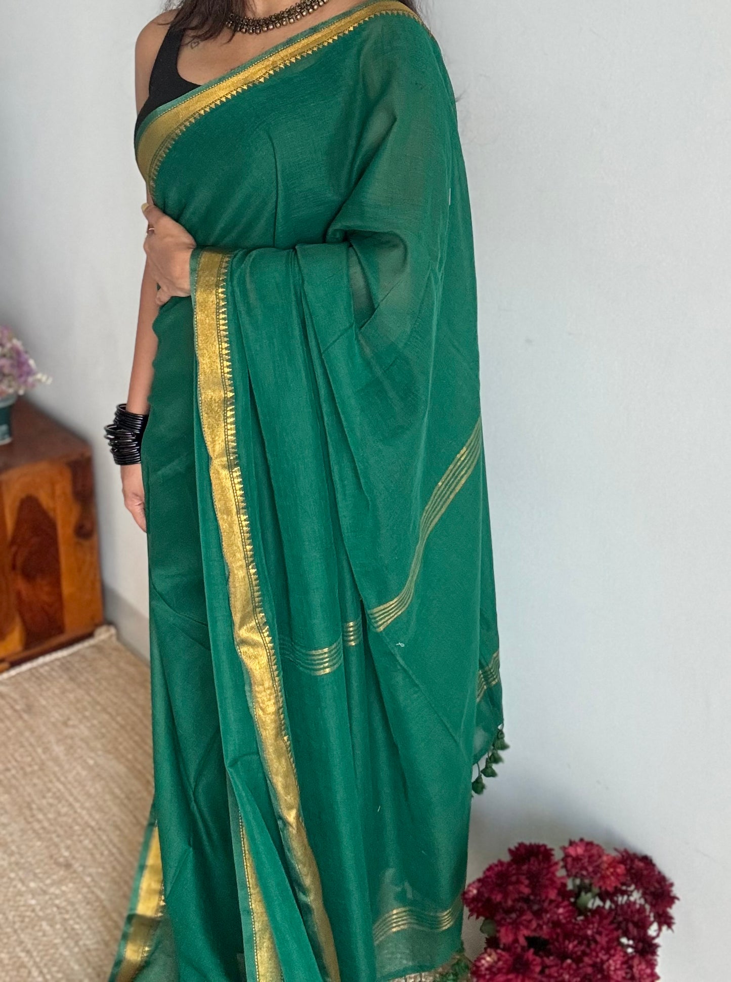 Dark green soft cotton with maheswari gold zari border - YCBCMCFE215