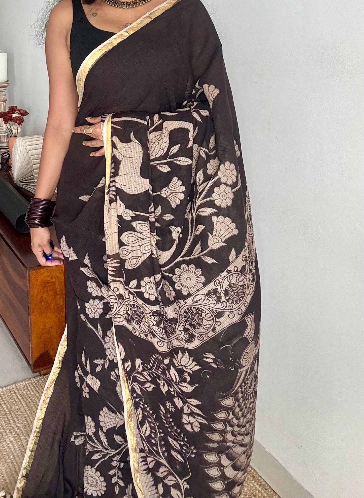 Black floral kalamkari saree in kota - YCWOTDMA356