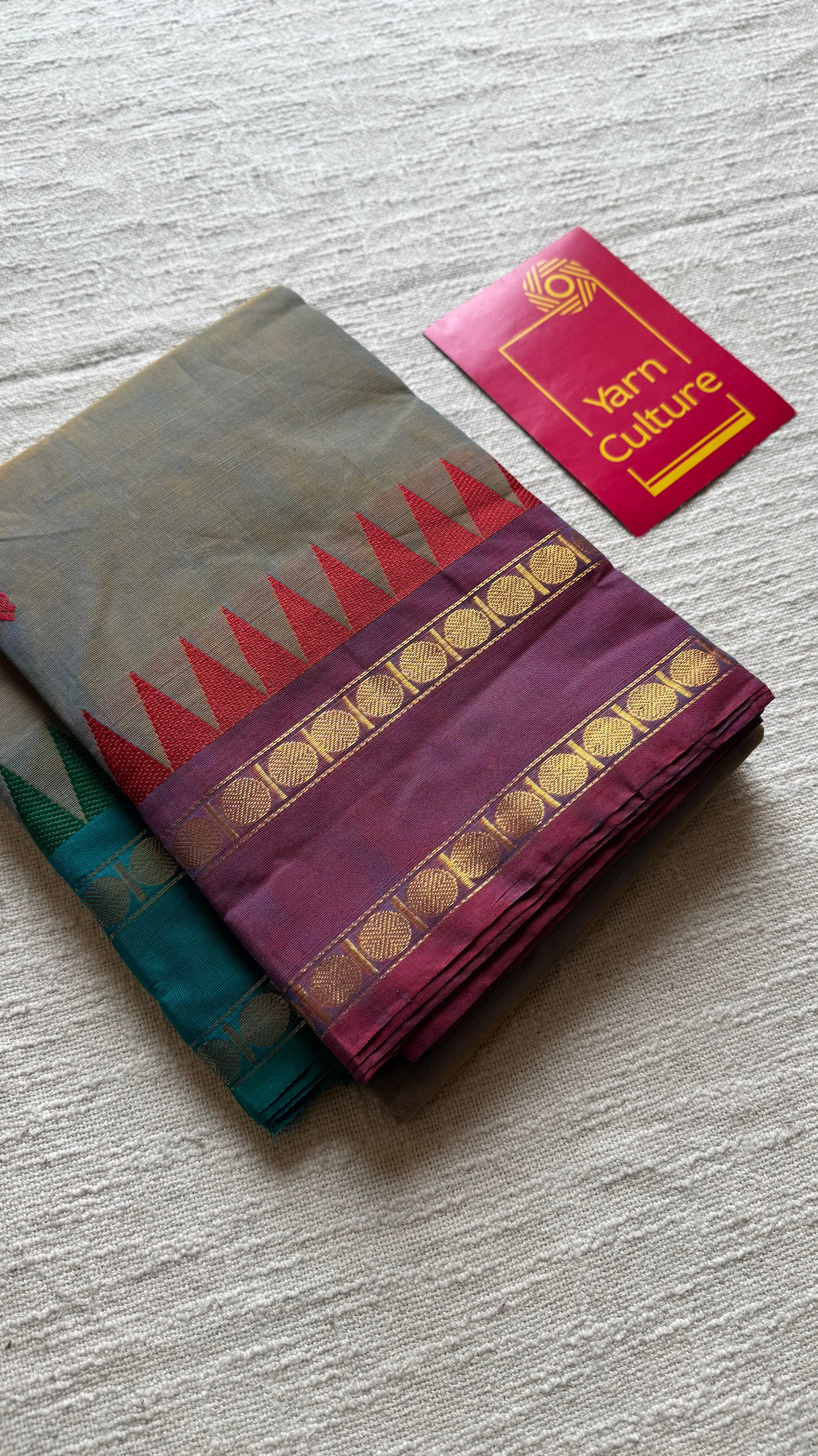 Kanchi cotton saree, warm grey with purple pink and green dual border - YCCOTNAP96