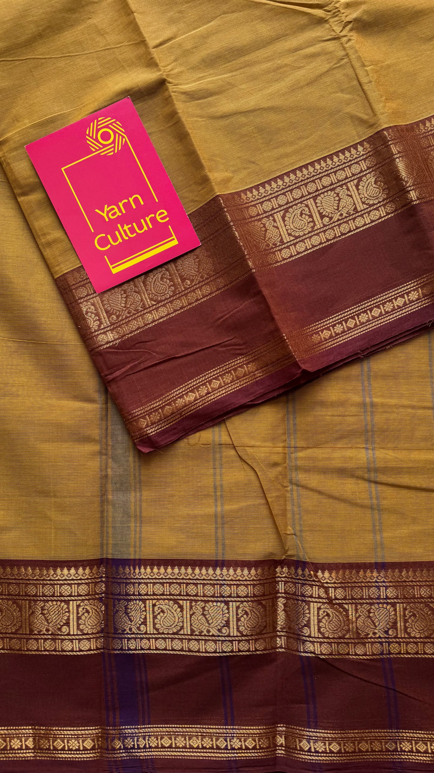 Ginger yellow with brown Chettinad cotton saree with rettaipettu peacock border - YCCOTNCCFE158