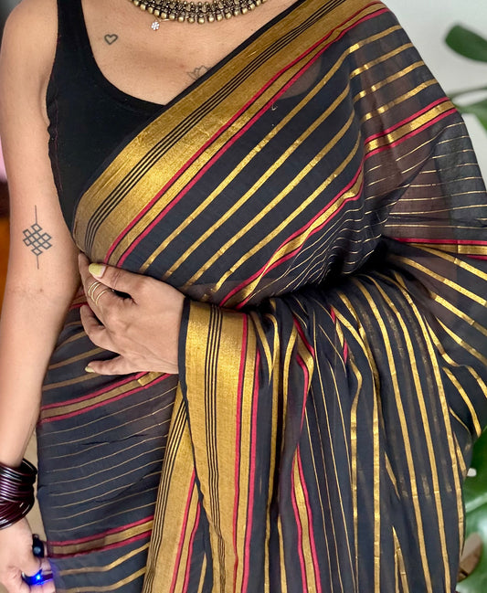Black mul cotton saree with gold and maroon zari stripes - YCBCMCSE27
