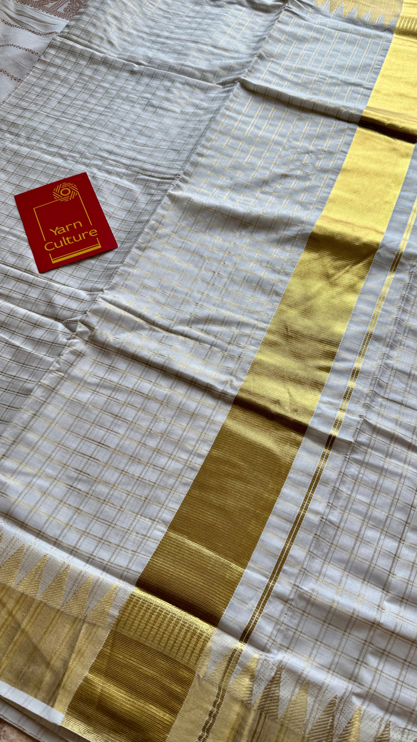 Ivory and gold kerala kasavu saree, checkered, temple border - YCIEON46