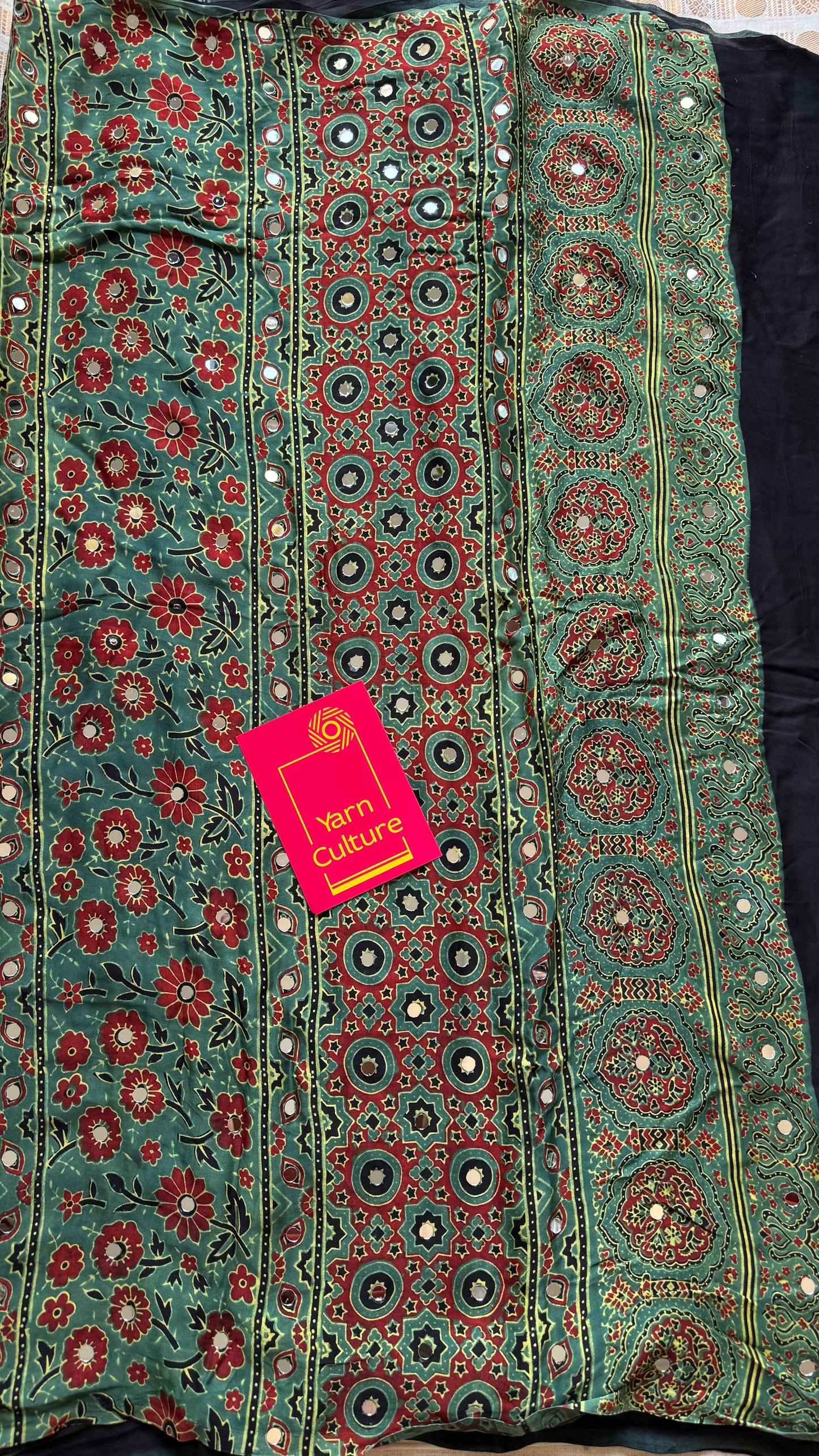 Jade green pure modal silk saree with ajrakh handblock print and mirror work - YCTOKAJM340