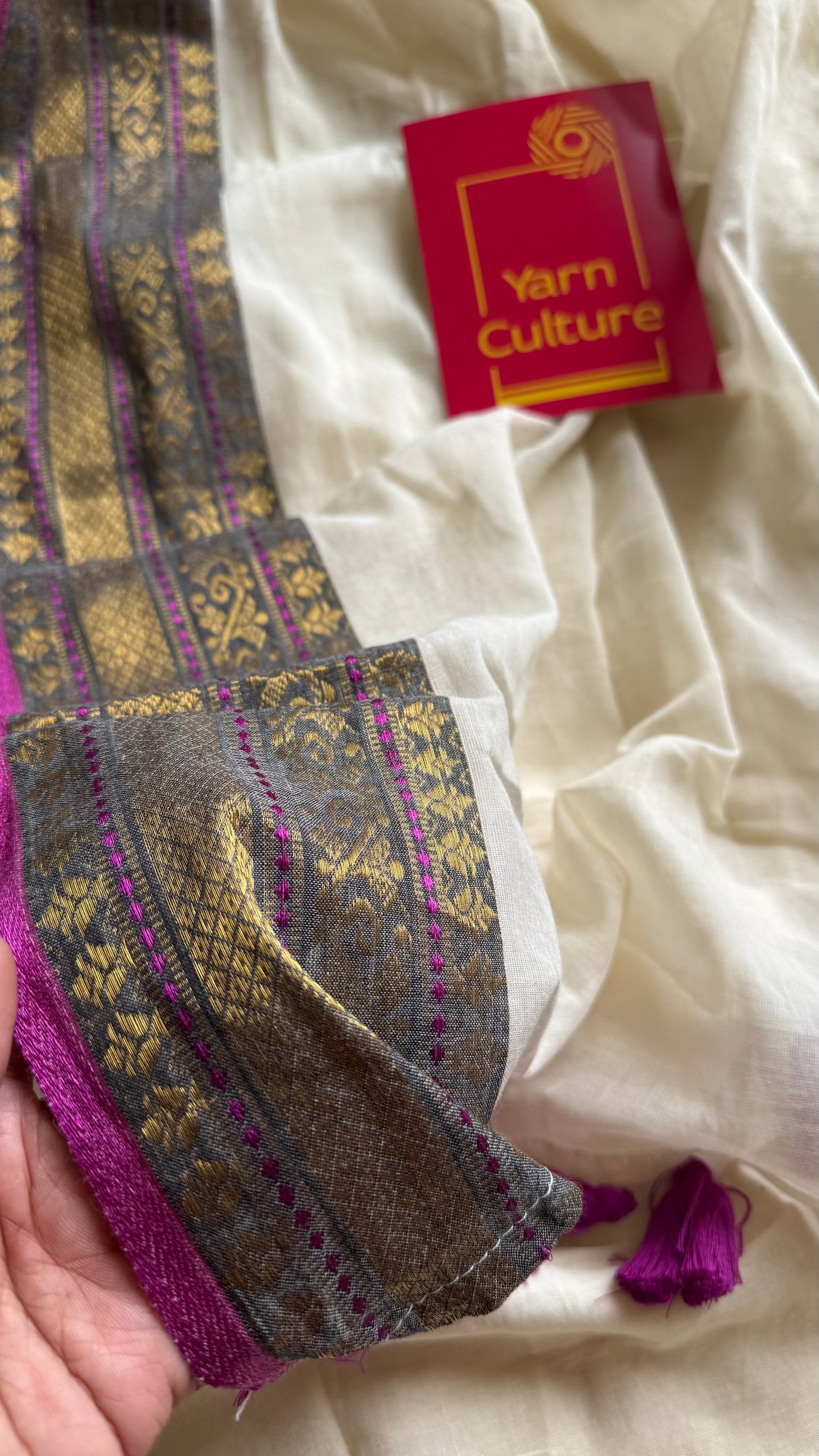 Ivory mul saree, purple pink and antique gold kanchi border - YCIEON30