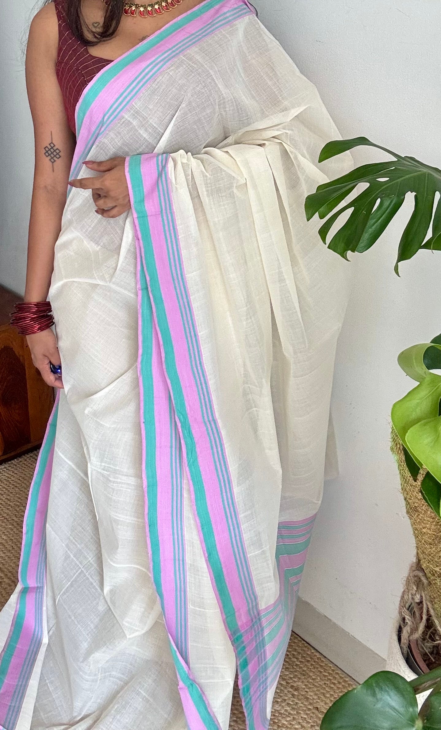 Handloom, woven in Chendamangalam Looms, ivory with pink and green stripes, soft cotton saree - YCIEON149