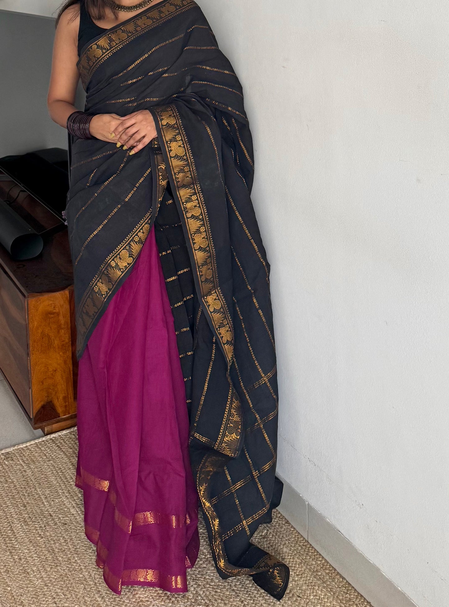 Black with purple pink (vadamalli), sungudi cotton half-half saree - YCCOTNMSFE358