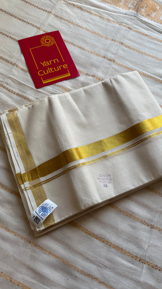 Ivory Chendamangalam Handloom Double Mundu with Gold Kasavu Kara | Soft Cotton Men's Dhoti - YCMSEIE178