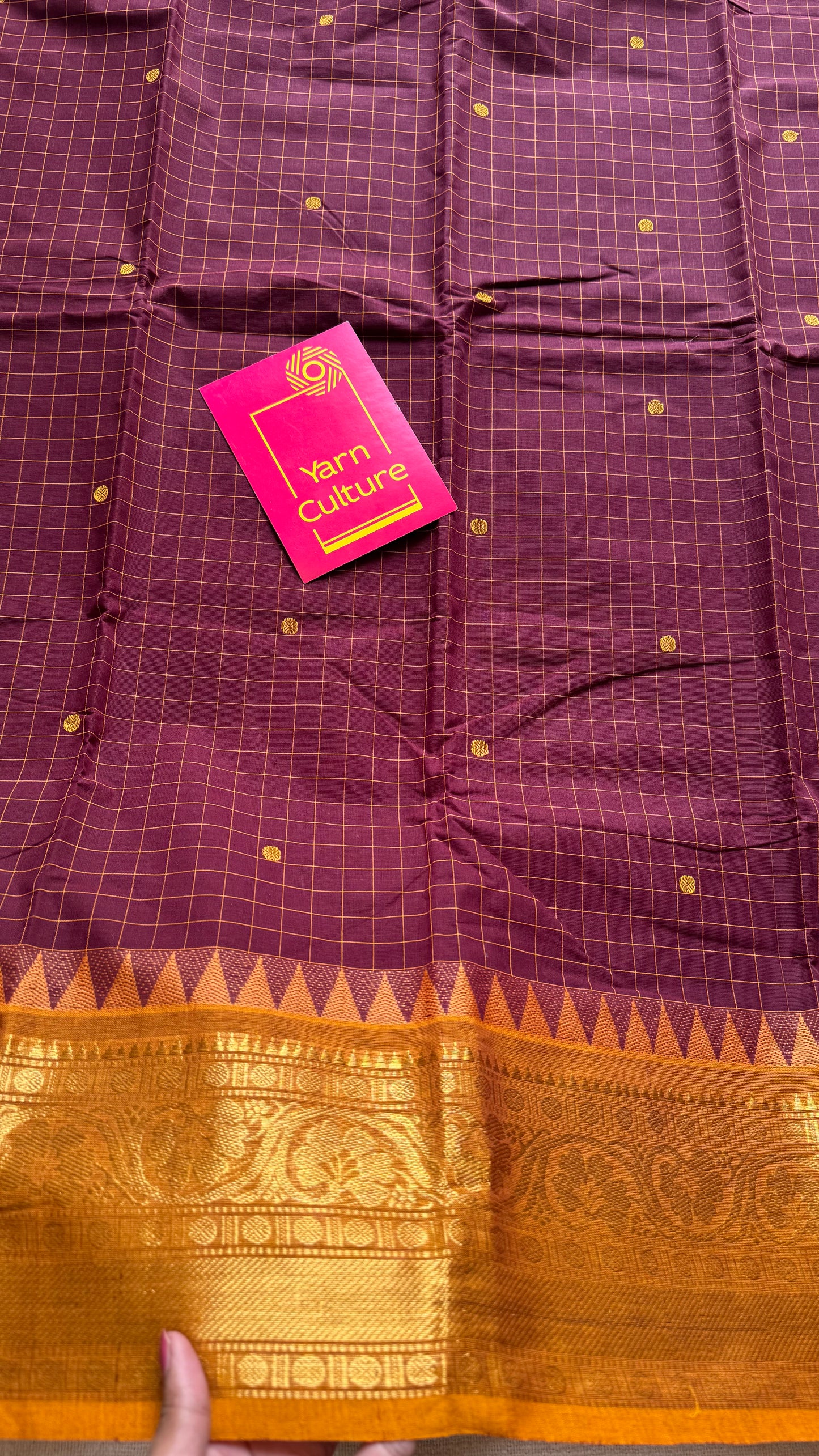 Kanchi cotton saree, maroon checks with yellow temple motif border - YCCOTNAP79