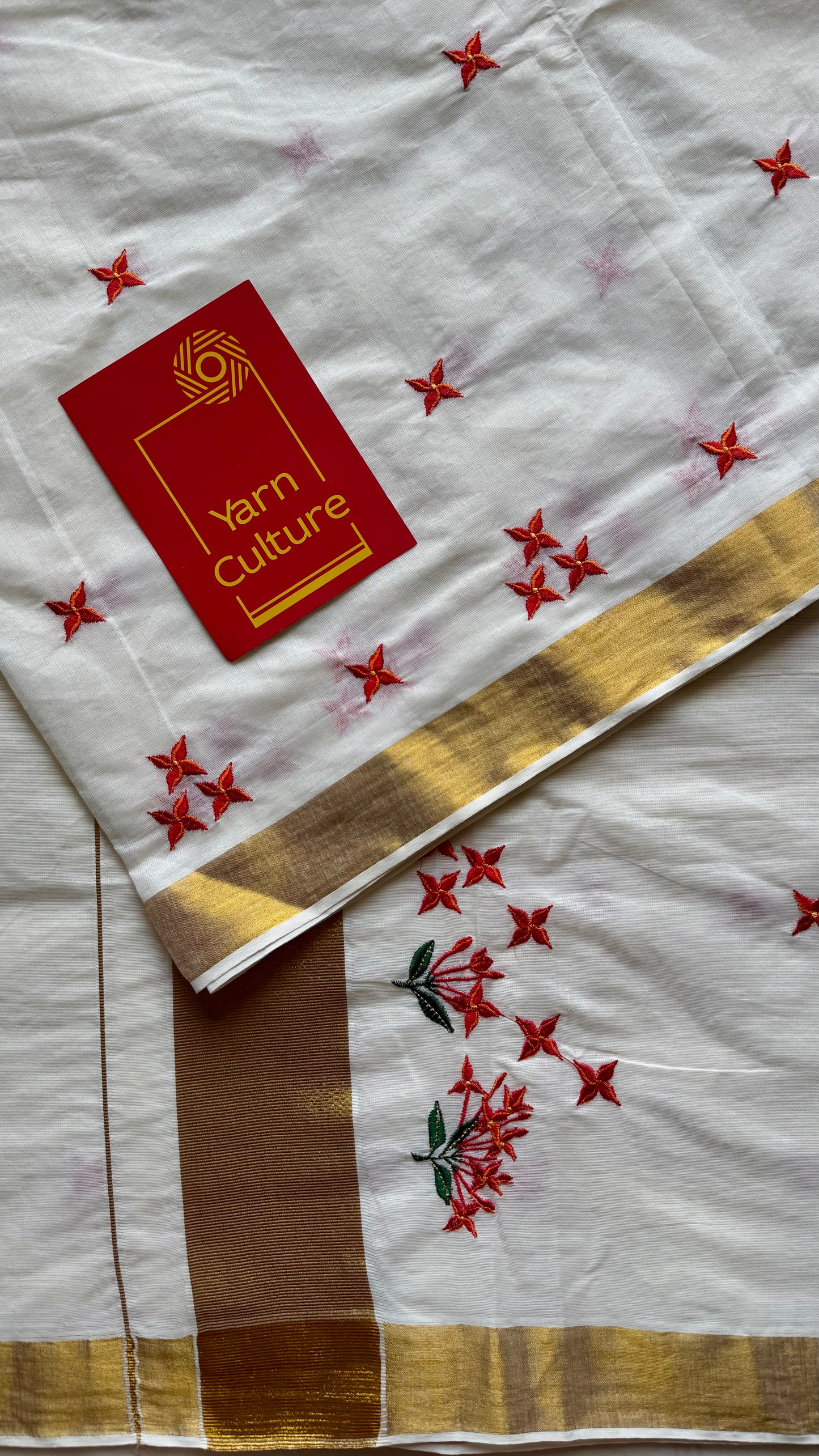 Nandana : Chethi/Thechi - orange red floral embroidery, ivory & gold, soft cotton - YCIEON165
