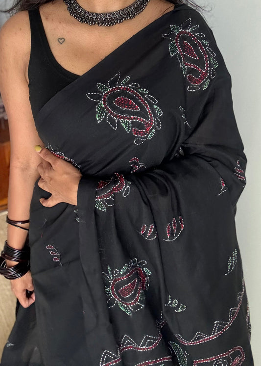 Kaaj Kaalo (কাজ কালো) - Embroidered Black, kantha weave in soft khadi cotton - YCBCSEKC08